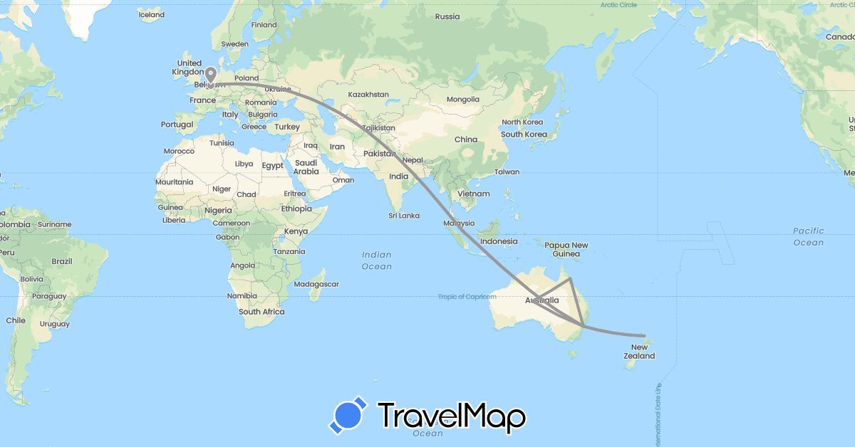 TravelMap itinerary: driving, plane in Australia, Belgium, New Zealand, Singapore (Asia, Europe, Oceania)